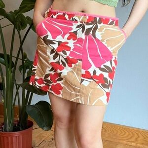 J. Crew Cotton Floral Print Canvas Mini Skirt in Pink White Tan & Red Size 4